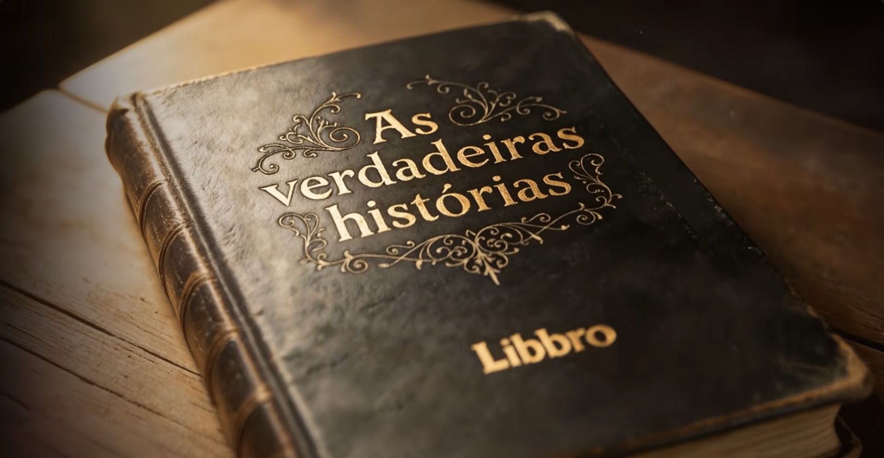 Livro antigo com As verdadeiras histórias gravado em dourado na capa.